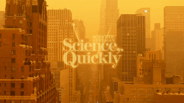 footage rises above an orange smoky city skyline. a logo reads scientific american science, quickly, with atomic particles swirling around it