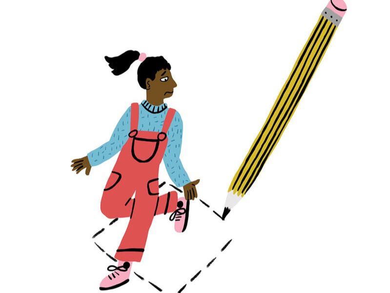 an illustration of a young black girl in red overalls stepping out of a penciled box