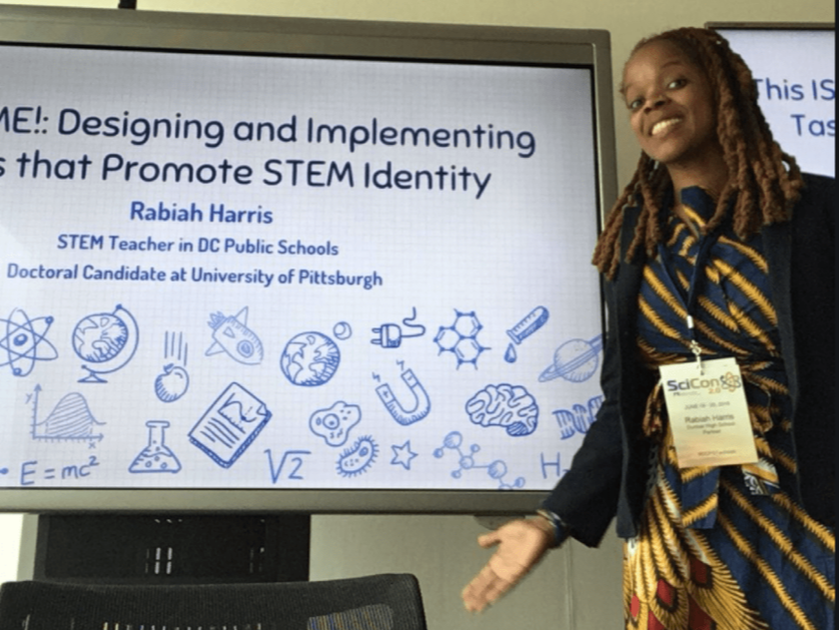 Picture of a black woman next to a slide that reads designing and implementing... that promote stem identity
